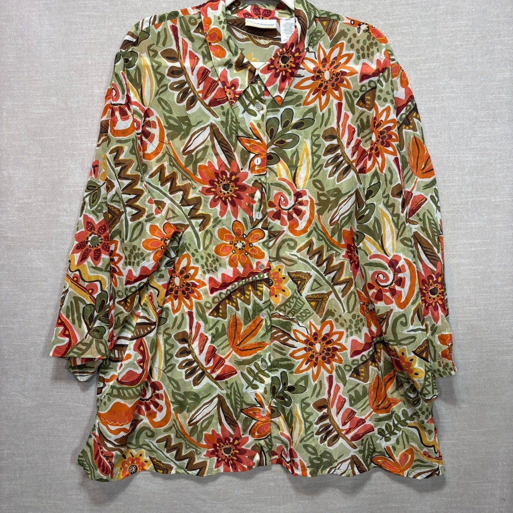 Alfred Dunner Woman Floral Button Top 24W Semi Sheer Retro Garden Artsy Bold